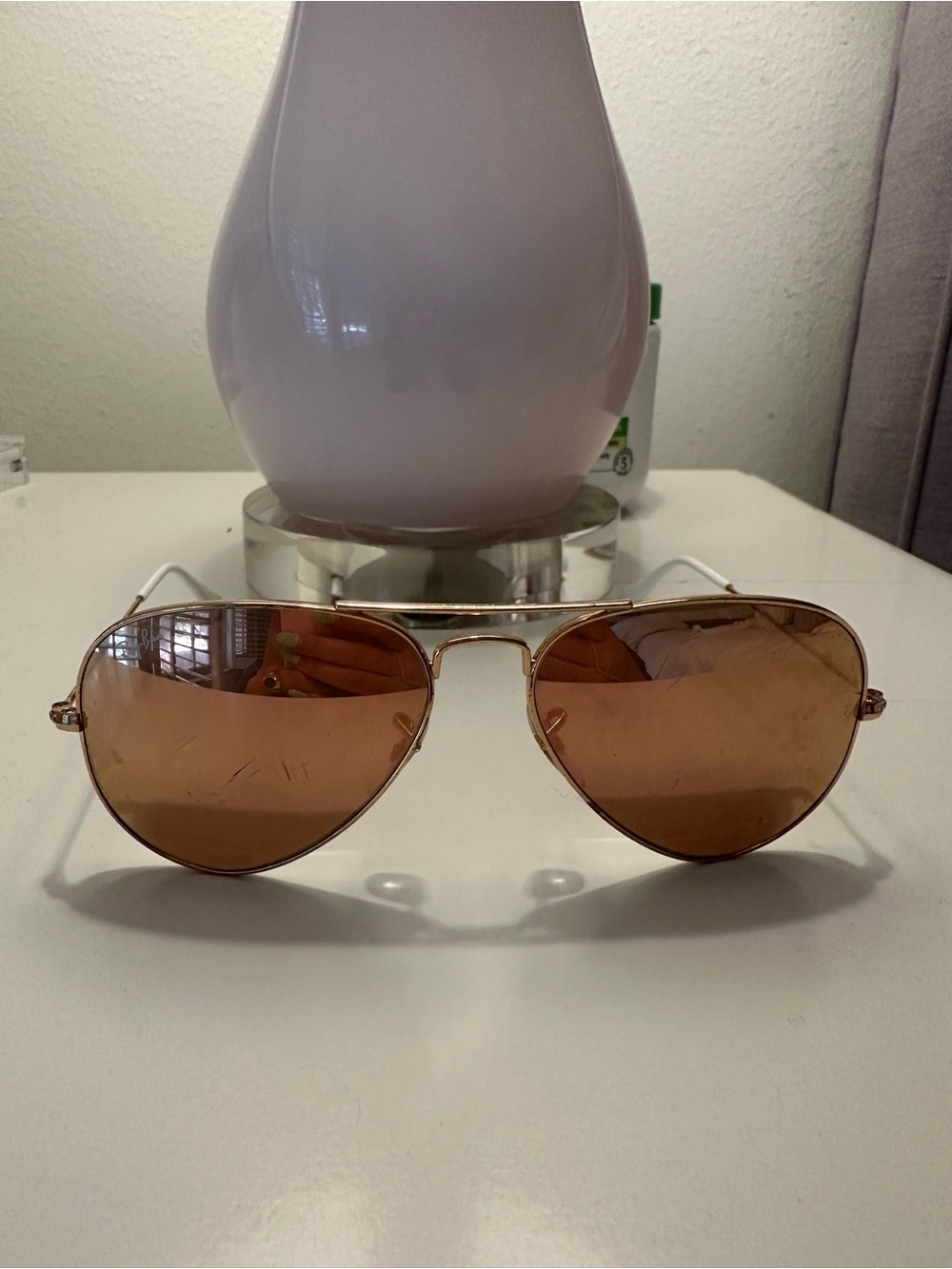 Ray-Ban Rose Gold Lens White and Gold Frame Aviator Sunglasses